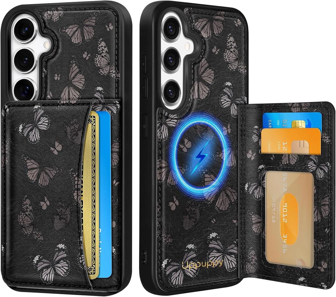 for Samsung Galaxy S25/S24 Case with Wallet - Fits 4 Card Slots, Compatible with MagSafe for Women Leather Credit Card Holder Kickstand Phone Cover for Samsung S25/S24, Butterfly