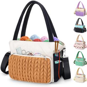 DALINDA Crochet Bag Organizer,Yarn Bag and Tote- Yarn Storage with Multiple Pockets for Crochet Supplies, Knitting Bag for Gifts,Portable & Durable(Brown)