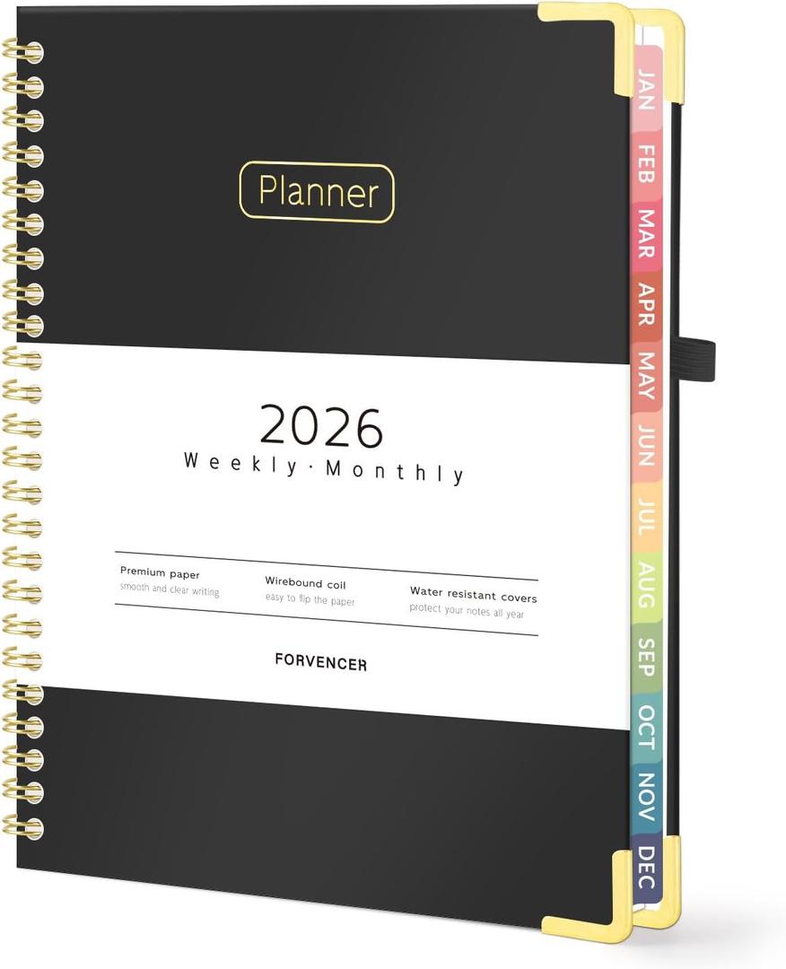 Forvencer 2026 Planner, Hardcover Calendar Planner Weekly and Monthly, Jan 2026 - Dec 2026, 6" x 8", Spiral Agenda Book with Tabs, Exquisite Daily Journal Organizer for Home School, Black
