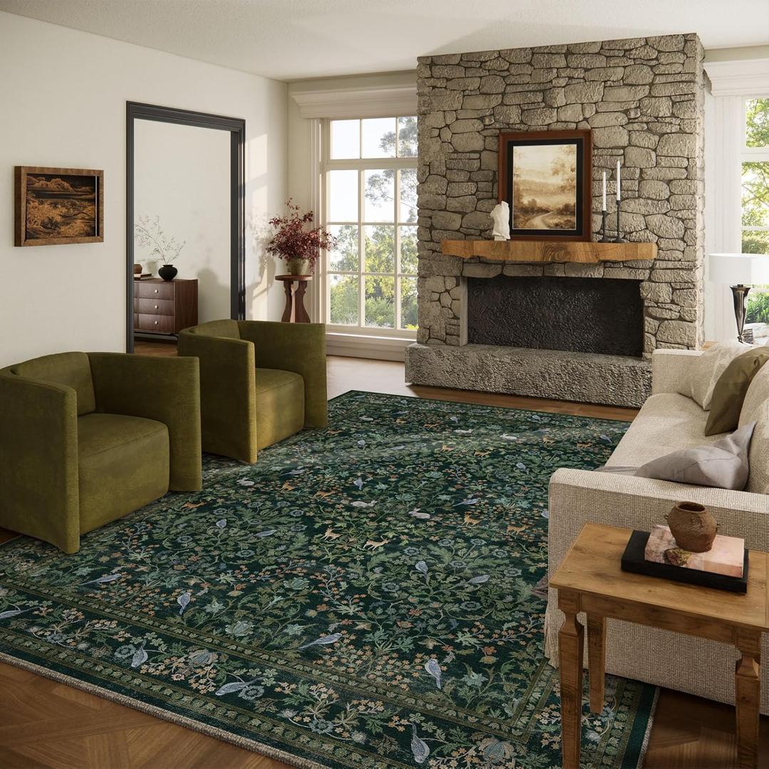 Washable Area Rugs for Living Room: 9x12 Rug Stain Resistant Non Slip Low Pile Lightweight Soft Carpets for Bedroom Kitchen Dining Room Nursery Kids Room Farmhouse Home Office Indoor (Animal and Floral-dark Green)