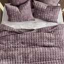 RECYCO Luxury Velvet Quilt Set King Size Bedding Sets, Ultra Soft Velvet Comforter Set, Lightweight Grid Box Stitch Oversized Bedspread Coverlet for All Season, with 2 Shams, Purple