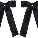 4pc Satin Tassel Ribbon Hair Bows Alligator Clips Black 5.5 inch Big Ruffle Layered Hairbow Barrettes Long Tail for Women Girls Thick Thin Hair Decoration Accessories Present 6 Pack