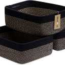 MiniArk Large Shallow Organizing Baskets 15x11x5.1 Inches - Rope Woven Storage Bins for Bathroom, Shelves, Cube Closet, Black Woven Brown (3 Packs)