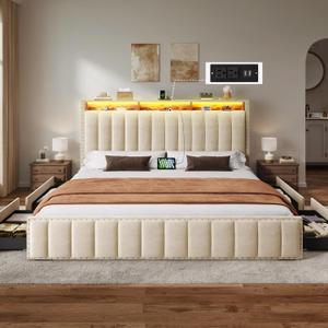 YITAHOME King Size Bed Frame with 4 Storage Drawers and RGB Lights, Velvet Upholstered Platform Bed with Charging Station and Storage Headboard, No Box Spring Needed, Noise-Free, Easy Assembly, Beige