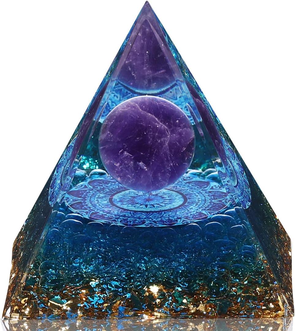 Hopeseed Orgone Pyramid for Positive Energy, Orgonite Natural Amethyst&Aquamarine Healing Crystals Pyramid for Reduce Stress Chakra Reiki Healing Meditation Cleanses The Mind and Boosts Confidence