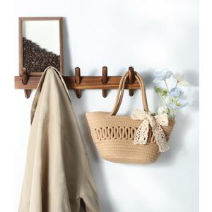 Solid Wooden Coat Rack Wall Mount,Removable Wood Wall Hooks for Hanging,Installation in Entrances Bathrooms and Utility Rooms for Storage(Carbonization, 5 Hooks)