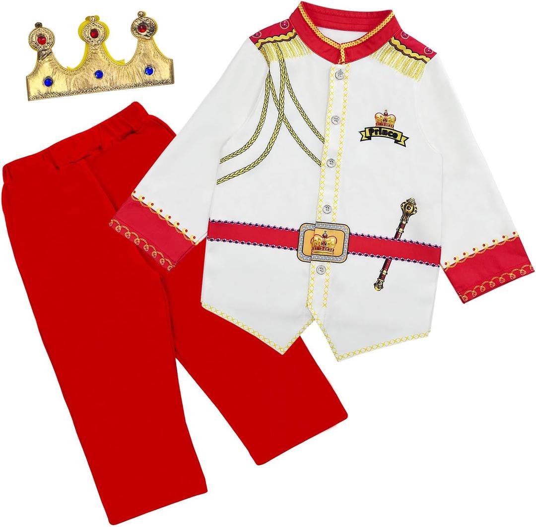 Toddler Halloween Costume, Childrens Cosplay Clothes, Child Prince Clothes T-Shirt Pant Set (White and Blue Prince Suit-long Sleeve)