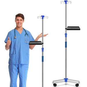 Nuanchu IV Pole with Wheels and Tray Adjustable Portable Medical IV Poles Stainless Steel for Hospital Clinic Home Pediatric Nursing Infusion Practice and Therapy(4 Hooks)