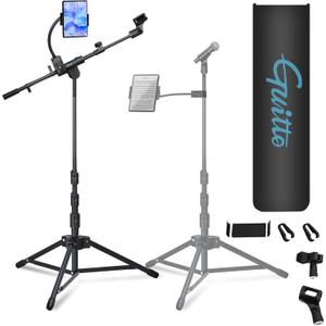 GUITTO Microphone Floor Stand with Phone/Tablet Holder, Adjustable Boom Mic Stand with Heavy-Duty Base, Dual Device Mount for Streaming, Podcasting, Recording, and Live Performances GMS-04