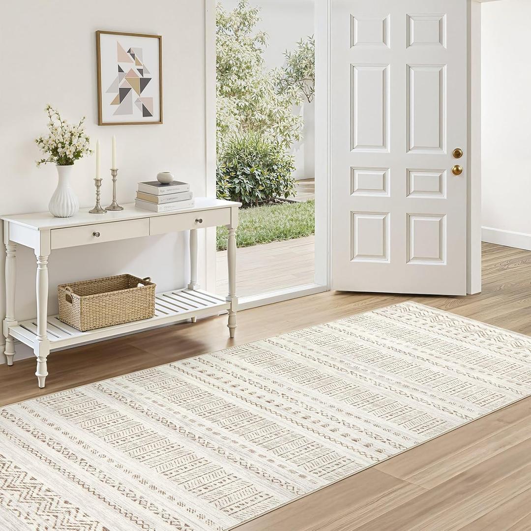 cotiled Washable 3x8 Runner Rugs: Washable Boho Rugs with Non Slip Backing Large Soft Indoor Stain Resistant Carpet for Living Room Bedroom Farmhouse Dining Room Lightweight Home Decor Brown/Cream