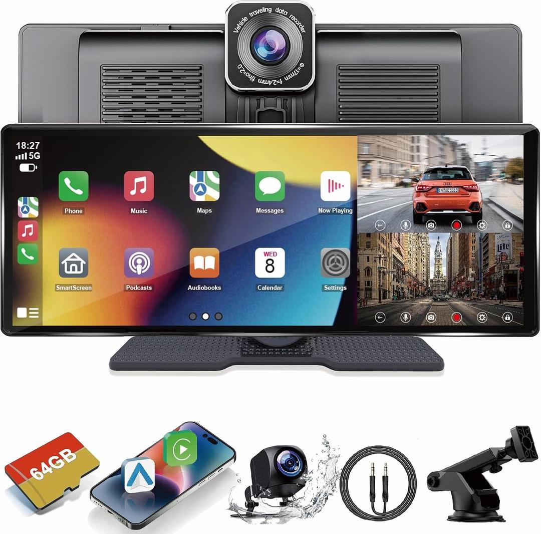10.26" Apple Carplay Screen for Car, Portable Wireless Apple Carplay & Android Auto with 4K Dash Cam and 1080p Backup Camera, Car Audio Receivers GPS Navigation, Voice Control,Bluetooth,Mirror Link,FM