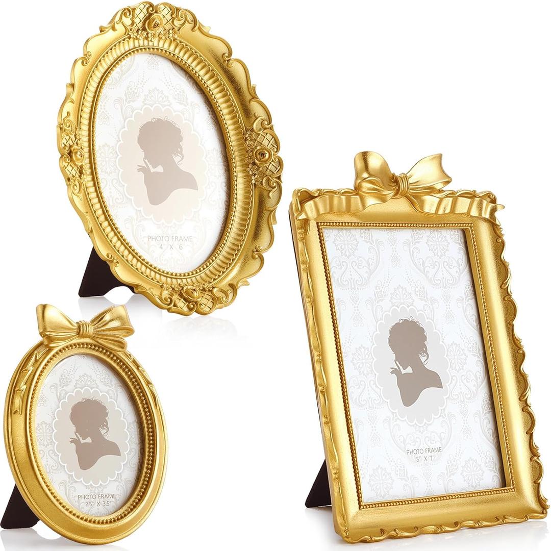 Vicenpal 3 Pcs Tiny Small Picture Frames Vintage Oval Resin Gold Black Vintage Baroque Ornate Antique Picture Frames for Home Wedding Display(3 Sizes,Gold)