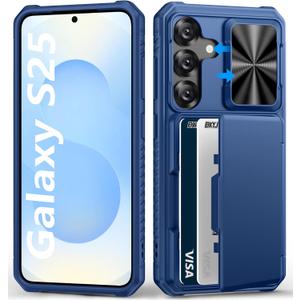 for Samsung Galaxy S25 Wallet Case, Card Holder (4-5 Cards), RFID Block, Slide Camera Cover & Military Grade Drop Proof, Hard Heavy Duty Men Women Protective Phone Case for Galaxy S25, Blue