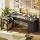 PRAISUN 55 Inch L Shaped Desk with Power Outlets, 5 Fabric Drawers