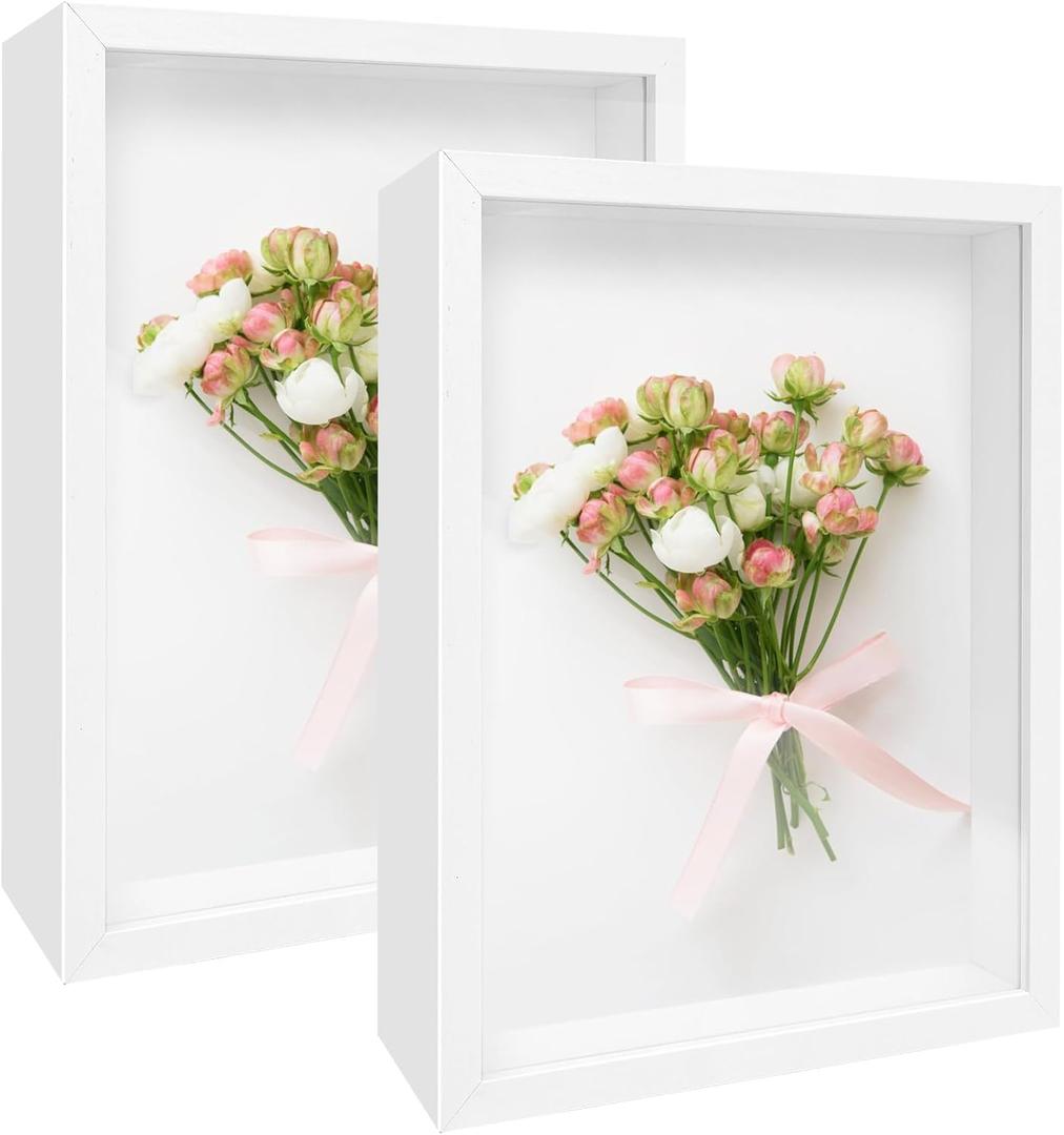 2 Pack Shadow Box Frame 11"x 14" Wood Deep Shadow Boxes Display Cases, Dried Flowers, Photos, Handicrafts Picture Frames for Wall Hanging Tabletop (White, 11"x 14")