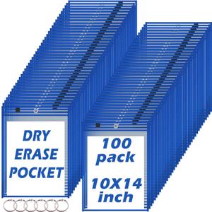 100 Pack Dry-Erase Pockets Sleeves Bulk Job Ticket Holders Oversized Reusable10x14 Blue Plastic Sheet Page Protectors, Heavy Duty Clear Work Pockets, Teacher School Classroom Supplies