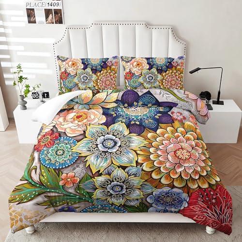 3 Pieces Boho Floral Comforter Set,Bohemian Colorful Flowers Comforter Set King Size Soft Microfiber Flower Duvet Vintage Bedding in a Bag for Kids Teens and Adults (1 Comforter with 2 Pillowcases)