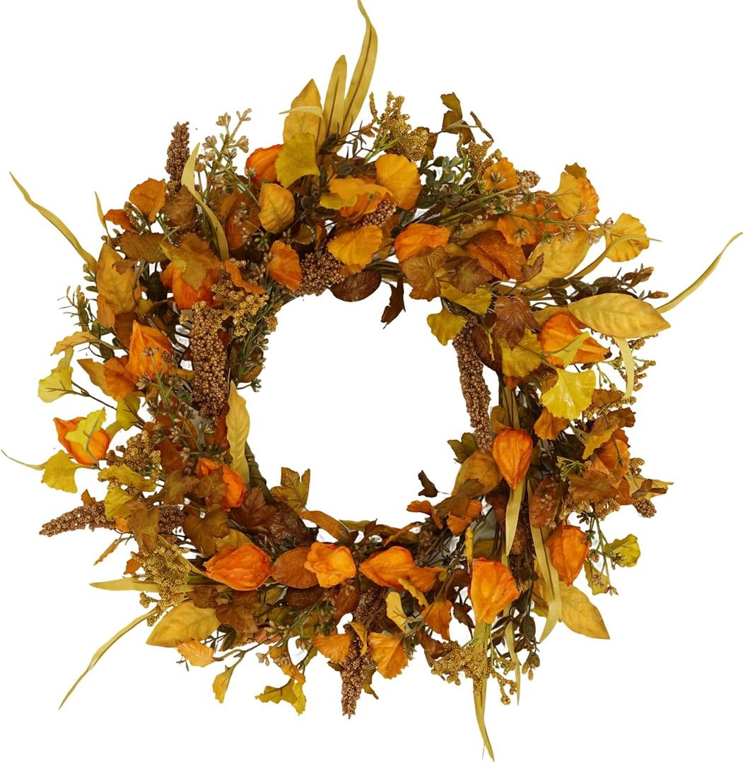 YNYLCHMX 18" Fall Wreaths for Front Door, Artificial Autumn Wreath with Cape Gooseberry and Ginkgo Leaves for Home Porch Window Wall Farmhouse Decor, Indoor Outdoor, Holiday Decor