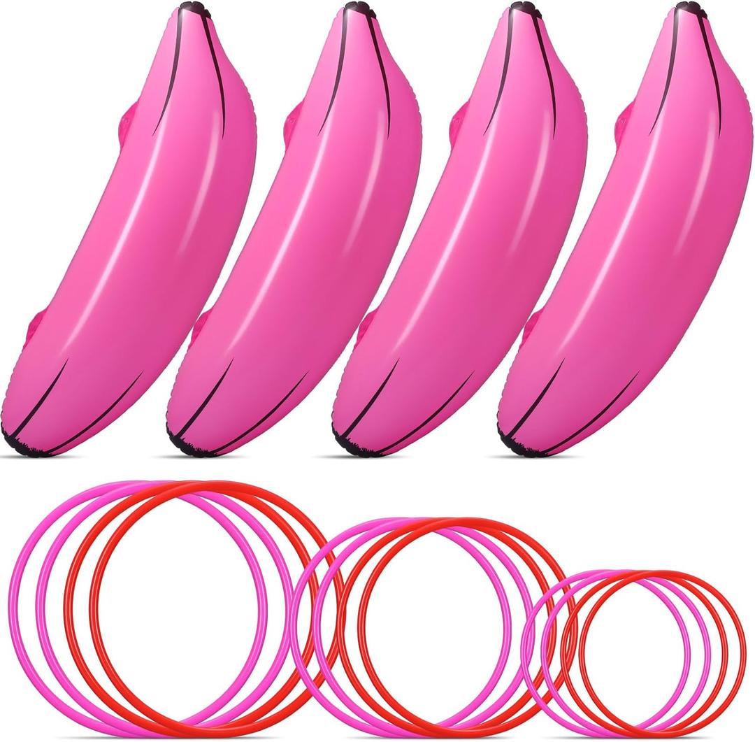 Leitee 16 Pcs Inflatable Banana Ring Toss Party Favor for Women Include 4 Pack Inflatable Banana with 12 Pcs Plastic Toss Rings Niqht for Adults Swimming Pool Decorations