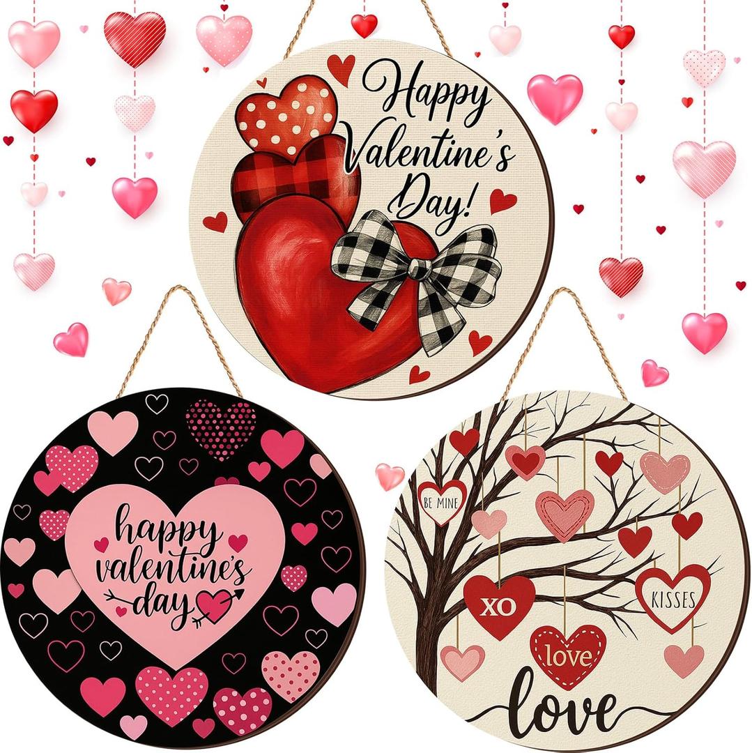 3 Pcs Valentines Day Decorations Door Sign Love Heart Welcome Wooden Hanging Sign Happy Valentine's Day Wood Wreath with Rope for Front Door Outdoor Farmhouse Porch Party Decor