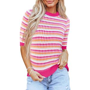 Saodimallsu Womens Short Sleeve Striped Sweater Tops Summer Color Block Crew Neck Cute Colorful Going Out Shirts, M