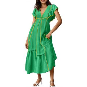 Wenrine Womens Summer V Neck Midi Dress Casual Ruffle Sleeve Contrast Color Loose Fit Flowy Long Dresses (S)