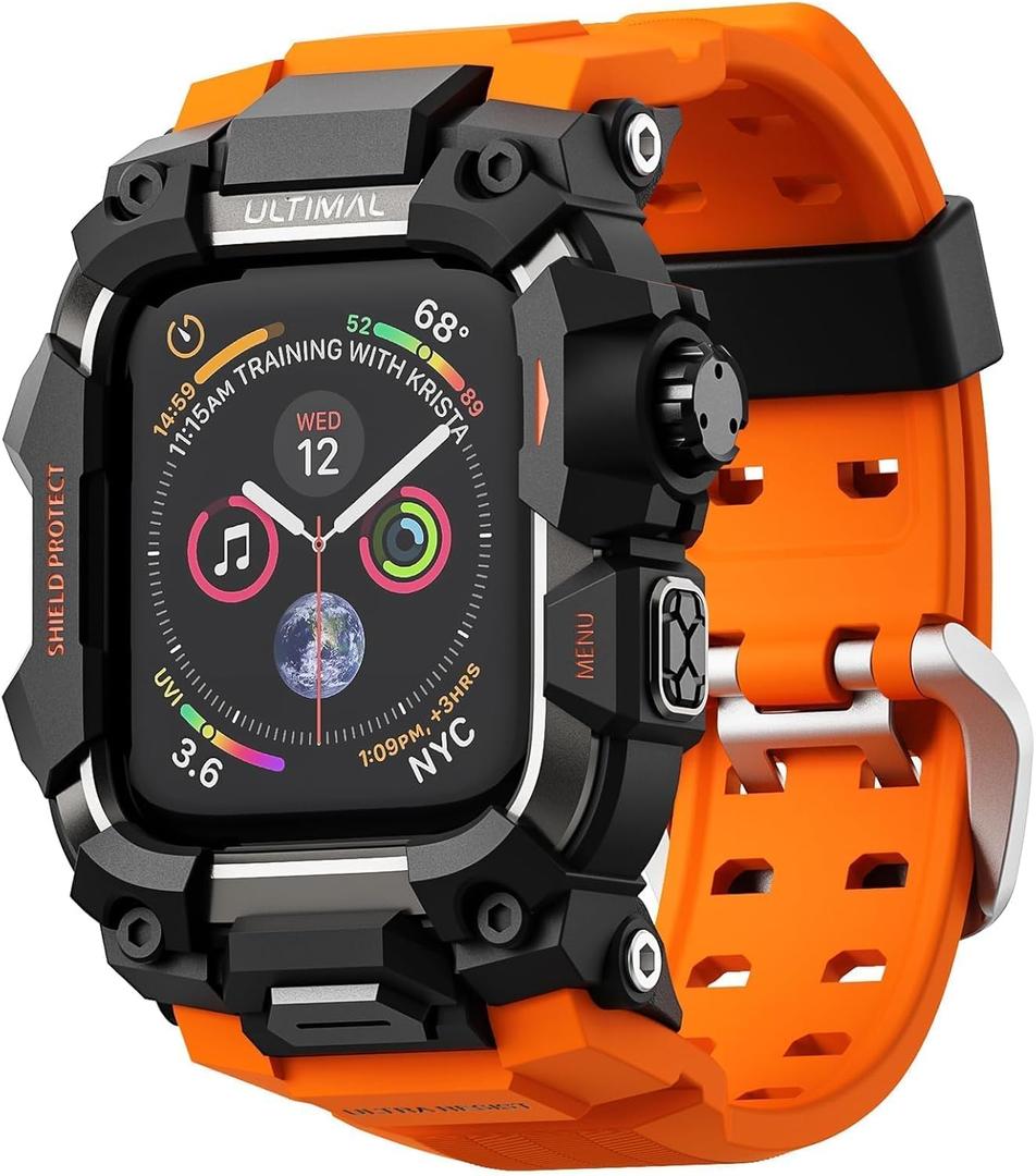 ULTIMAL Rugged Case with Band for Apple Watch Band 45mm,Compatible with Apple Watch Series 9/8/7 45mm,Military Grade Shockproof Bumper Cover for iWatch Tactical Band Men (Orange, 45mm)