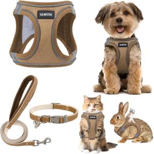 GAMUDA Small Pet Harness Collar and Leash Set, Step in No Chock No Pull Linen Fabric Soft Mesh Dog Vest Harnesses Reflective for Dogs Puppy Cats Kitten Rabbit (Brown, S)
