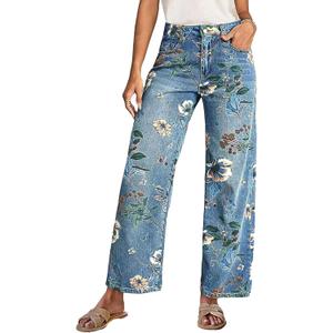 Flamingals Mid-Rise Vintage Floral Straight Leg Pants for Women Summer Casual Denim Pants Deep Blue L
