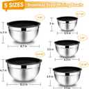 TeamFar Mixing Bowl Set of 5, 4.5/3/1.5/1/0.7 QT, Stainless Steel Metal Nesting Salad Bowl with Lid Set, Ideal for Mixing Serving, Non-Toxic & Sturdy, Airtight Lid & Easy Clean, Black, 4.7'' H x 10.2 Dia