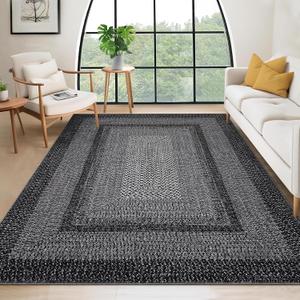 RUGSREAL 10x13 Large Living Room Rug Braided Print Boho Accent Throw Carpet Farmhouse Rustic Rug with Rubber Backing Geometric Bordered Area Rug Bohemian Carpet for Bedroom Home Decor Office, Black