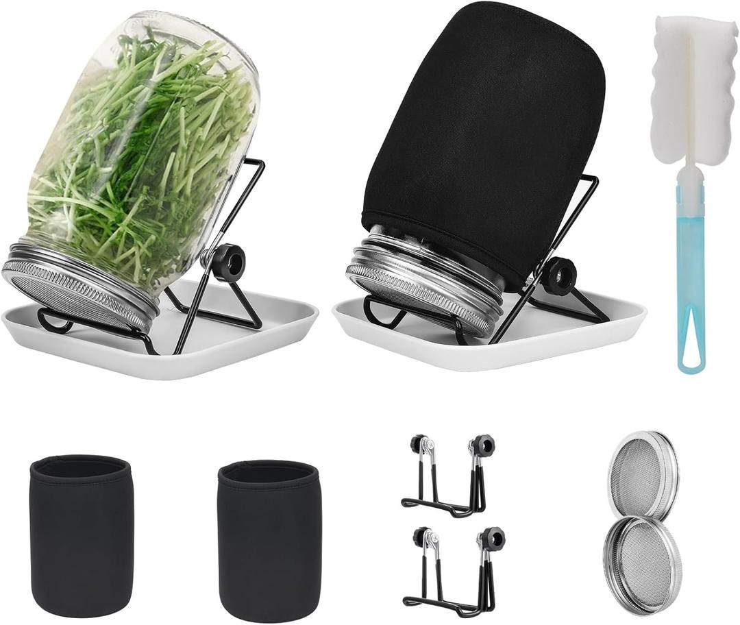 Lulonpon Sprouting Kit, 2 Sprouting Jar Kits, Wide Mouth Quart Mason Jars with Stainless Steel Screen Sprout Lids,1000ml, Stand and Canning Brush,Seed Sprouter Set for Growing Broccoli, Alfalfa