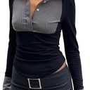 CORIRESHA Women's Fashion Contrast Stripe Shirt Collared Long Sleeve Button Slim Blouse (Black, S)