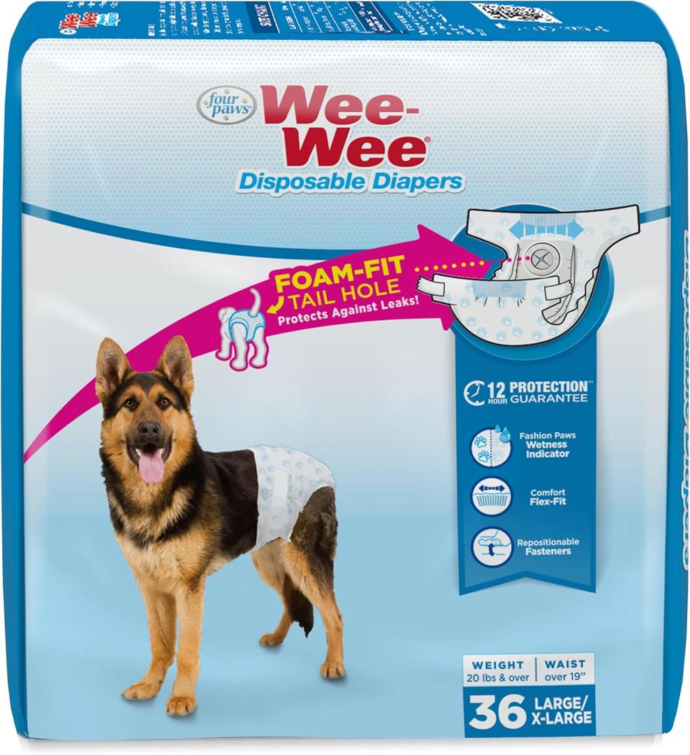Four Paws Wee-Wee Super Absorbent Disposable Adjustable Dog Potty Training Diapers, Leak-Proof Protection for Dogs, Size Large, Over 19" Waist, 36 Count