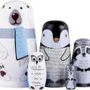 Yoption 5Pcs Russian Matryoshka Dolls Handmade Wooden Polar Bear Penguin Nesting Dolls Set for Kids Christmas Birthday Toy Gift (Polar Bear)
