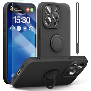pcgaga Silicone Phone Case for iPhone 15 Pro Max with Screen Protector [Ring Holder Stand] [Wrist Strap] [Microfiber Lining] Slim Shockproof Protective Cover, 6.7 Inch (Black)