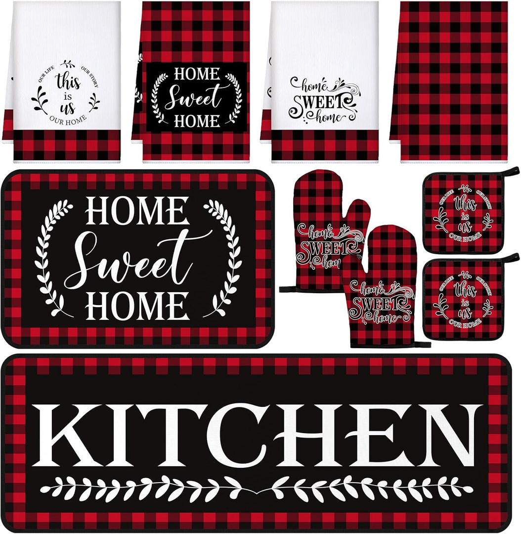 Fourluoo 10 Pcs Kitchen Set Kitchen Towels and Rugs Oven Mitts and Pot Holders Farmhouse Decor for Women Mom Gift Cooking Baking Grilling(Red Black)
