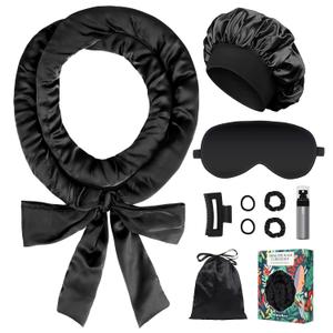 Gwabee Satin Heatless Curls Overnight Hair Curlers to Sleep In Hair Curler Rollers No Heat Hair Wrap for Curls Headband, 70" Satin Heatless Curling Rod Set for Women Long Waves Hair Volume-Black 10PCS