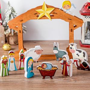 Karenhi 12 Pcs Wooden Nativity Set for Kids Mini People Scene Set Jesus Table Wood Play Christmas Story Decoration Xmas Holiday Manger for Indoor Outdoor Home Display Tabletop(Cute)
