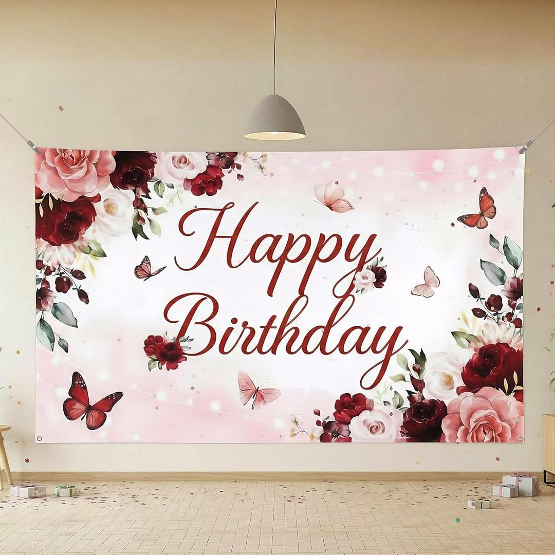 Birthday Backdrop for Women 7143 Inch Birthday Photo Backdrops with String Butterfly and Rose Background for Party Decoration, Can Also Be Used as Photography Background