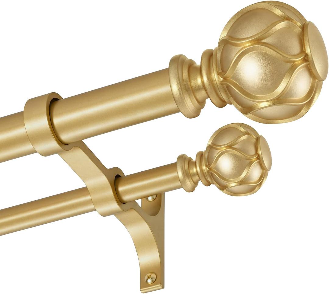 Double Curtain Rods 36-72”(3-6 Feet) for Windows, Fumlyate 1 Inch Diameter Front and 5/8 Inch Back Drapery Rod with Solid Aluminum Brackets, Heavy Duty Telescoping Dual Curtains Poles, Warm Gold