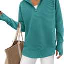 PRETTYGARDEN Women's Long Sleeve Quarter Zip Pullover Sweater Casual Loose V Neck Collared Ribbed Knit Jumper Tops Thumb Hole (Medium, Lake Blue)