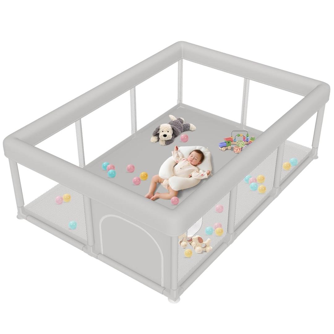 besuhot Baby Playpen Extra Large Play Yard 74" x 50" Playpen for Babies and Toddlers with Anti-Slip Suckers and Zipper Gate, Safety Baby Activity Center for Indoor & Outdoor (74x50x27 in + NO MAT, Dark Grey)