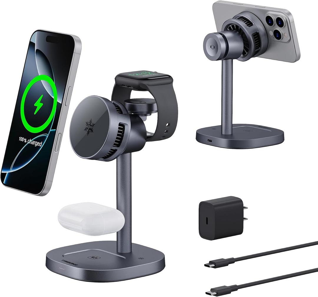 2025 New TRIBONE 3 in 1 Magsafe Wireless Charger Stand for iPhone 16 Charger, Qi2 Certified 15W Wireless Charger, Fast Cooling Charger Station for iPhone 16/15/14/13/12, for Apple Watch, AirPods