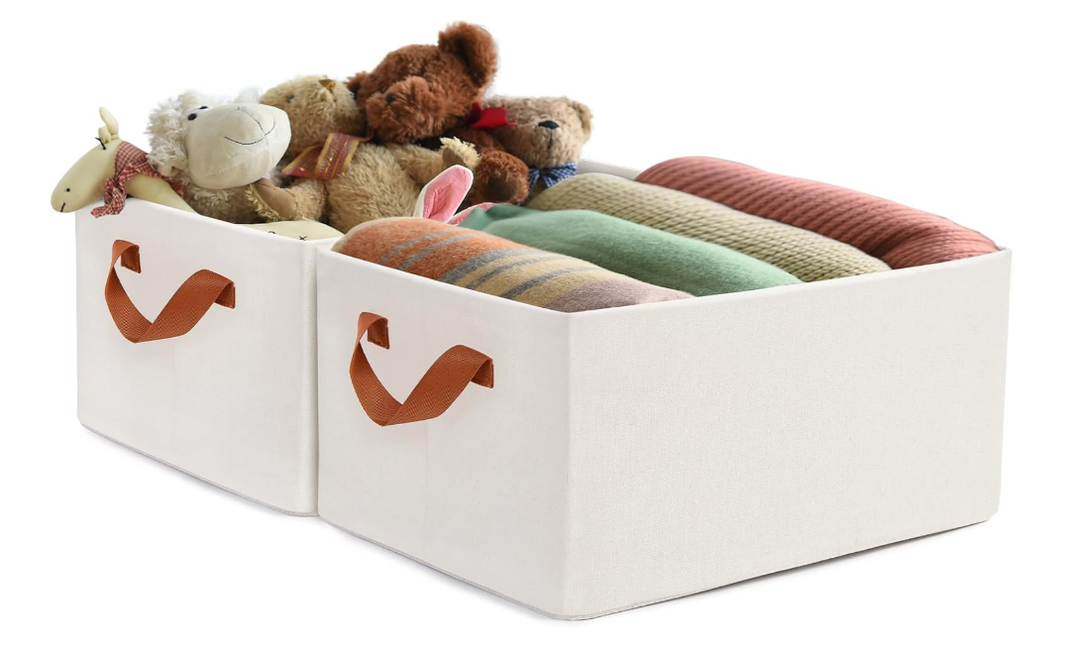 Storage Bins Baskets for Organizing - 15.4"x11.4"x7.9" Large Fabric Storage Cubes for Shelves Rectangular Foldable Closet Organizers with Handles for Clothes Toys 2-Pack (White) 