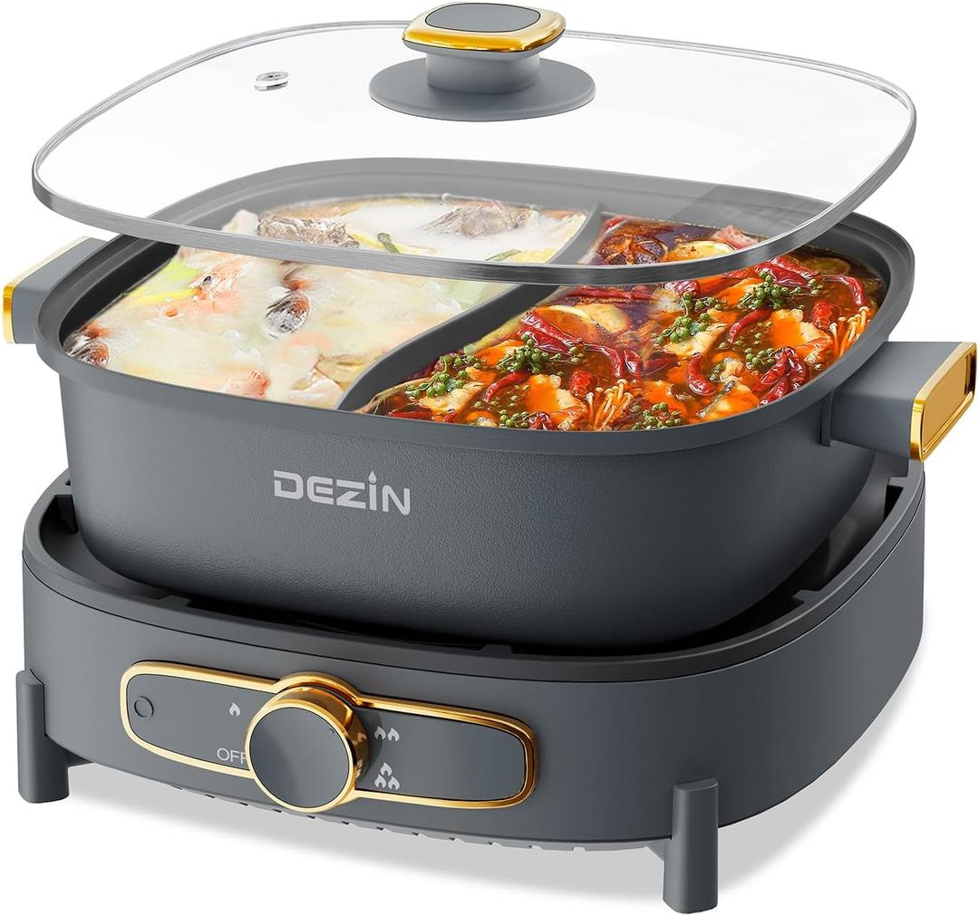 Dezin Hot Pot Electric with Divider, 5.5L Double-Flavor Electric Shabu Shabu Pot, Removable Non-Stick Dual Sided Electric Cooker, 3" Depth Divided Pot with Multi-Power Control, 2 Silicone Ladles (Grey)