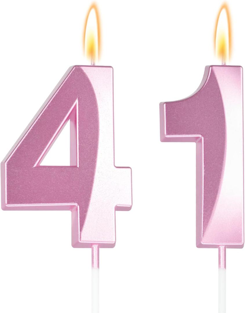 Large 2.76 inch Number Candles 41 Birthday Decorations for WomenPink 41 Candle for 41st Birthday Decorations for Her, Rose Gold 41st Cake Topper for 41 Year Old Party Decoration, Decor Supplies