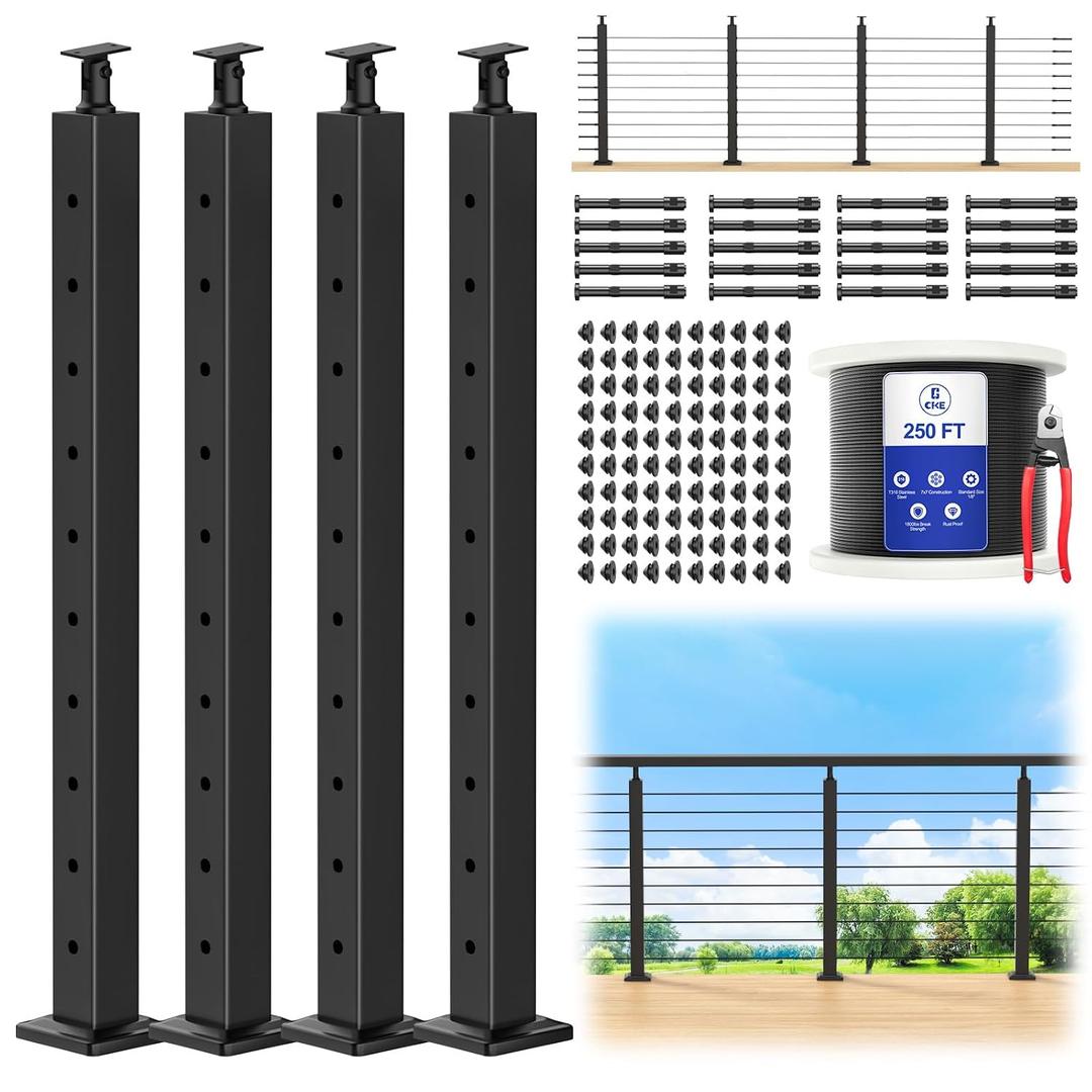 CKE 15-20ft Complete Set 36" Cable Railing Post Kit, 4Pack Adjustable Top Level Drilled Line Posts(35"x2"x2"), 250ft 1/8" Wire Rope, Black Swageless Invisible Cable Railing Kit (No Handrail) LPS01