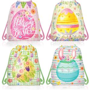 CC HOME 12Pcs Easter Drawstring Bags, Cartoon Colorful Egg Treat Bags, Easter Theme Party Favor Bags for Baby Shower Kids Girls Boys Birthday Party Decorations 10.6 x 13.4 inch