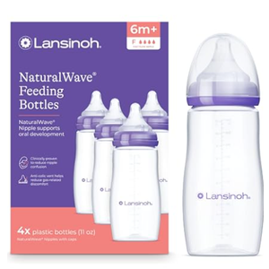 Lansinoh AntiColic Baby Bottles, BPAFree Plastic, 11 Ounces, 4 Count, Fast Flow Nipples (Size F), Breastfeeding Bottle with NaturalWave Design